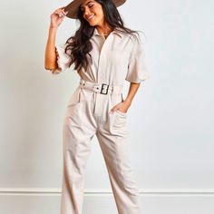 Brand New/ Never Worn Kittenish Utility Jumpsuit. Great Quality Reason For Resell - Didn’t Return In Time! High Waist Belted Jumpsuits For Workwear, Fitted Beige Jumpsuits For Workwear, Beige Fitted Jumpsuit For Work, Fitted Beige Jumpsuit For Work, Black Leather Jumpsuit, Leopard Jumpsuit, Brown Jumpsuits, Utility Jumpsuit, Leather Jumpsuit