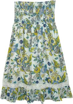 A lovely, bright and fun blue floral spring-summer short dress, with tube style smocking on the bust or on the waist if worn like a skirt. The flowers print is a full bloom with lace going across the body. #tlb #Sleeveless #beachwrap #Floral #SleevelessBohoDress #ShortSundress