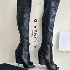 Black Lambskin Thigh High Boots From Givenchy Featuring An Open Toe, An Exposed Seam Detail, A Mid High Structured Stiletto Screw Heel And A Back Zip Fastening. Made In Italy Size: 36 Condition: Brand-New! Come With Box! These Boots Are From Givenchy Spring/Summer 2015 Collection And Retailed For $3625 Plus Tax. Luxury Black Knee-high Boots, Designer Leather Knee-high Boots For Evening, Luxury Over-the-knee Heeled Boots For Parties, Fitted Calf Leather Knee-high Boots For Party, Fitted Knee-high Calf Leather Boots For Party, Luxury Over The Knee Party Boots, Luxury Over-the-knee Boots For Evening, Luxury Over-the-knee Evening Boots, Designer Leather Knee-high Boots For Night Out