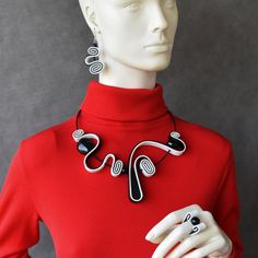 "Avant garde black and red collar or set by your choice. Unusual artistic playful short necklace, Contemporary necklace, Bohemian jewelry  Unusual abstract art and asymmetric jewelry set is perfect for elegant artistic style or for casual contemporary clothing combinations.  Eye catching, distinct, specific jewelry for those who love to wear unique artistic details. Necklace is short on memory wire, flexible and comfortable and also easy to put on and take of. You can wear necklace like choker o Handmade Black Artsy Jewelry, Artistic White Necklace With Unique Variations, Artsy Black Jewelry For Parties, Artsy Handmade Black Jewelry, Unique White Choker, Artsy Handmade Black Necklace, Mixed Media Necklace, Slider Necklace, Rectangle Necklace