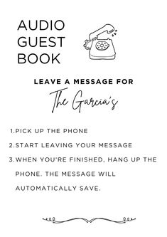 an advertisement with the text, audio guest book leave a message for the gaura's