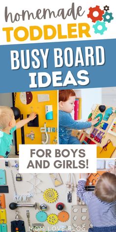 Collage of DIY toddler busy board ideas for boys and girls. Diy Toddler Busy Board, Busy Toddler Activities, Busy Board Ideas, Diy Busy Board, Diy Sensory Board, Toddler Busy Board, Toddler Activity Board, Busy Board Baby, Busy Boards