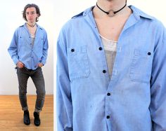 Blue Button Up, Pointy Collar, Blue Button Up Shirt, Grunge Shirt, Burberry Trench Coat, Bleu Pastel, Blue Soft, Work Shirt, 70s Vintage