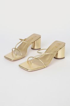 Metallic Gold Heels - Strappy High Heels - High Heel Sandals - Lulus Gold Heels Small Heel, Cute Small High Heels, 3 In Heels, Gold Heels 2 Inch, Prom Shoes Low Heeled Gold, Good Heels Prom, Gold Heel Sandals, Gold Heels Black Dress, Block Kitten Heels