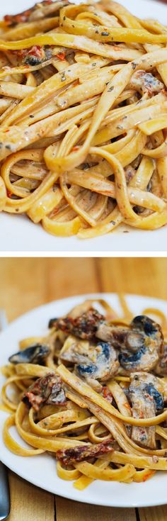 two pictures of pasta with clams and sauce on the side, one has an eggplant in it