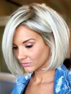 New Platinum Blonde Dark Roots Capless Remy Human Hair Touch Wigs Natural Daily | eBay Modern Bob Hairstyles, Stacked Bob Haircut, Choppy Bob Hairstyles, Icy Blonde, Bob Hairstyles For Fine Hair, Short Bob Haircuts, Blonde Bobs, Short Bob Hairstyles, Short Bob