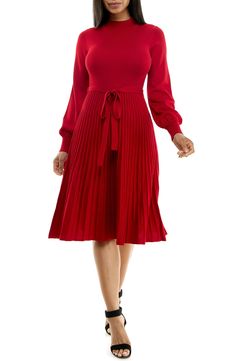 A tonal sash accentuates your figure in a long-sleeve sweater dress with a flattering fit-and-flare profile. 41 1/2" length Mock neck
 Long sleeves 78% rayon, 22% polyester Machine wash, tumble dry Imported Model stats: 5'10" height, 32" bust, 25" waist, 36" hip. Red A-line Midi Dress For Winter, Chic Pleated Long Sleeve Dress For Winter, Winter Pleated Long Sleeve Dress, Winter Party Pleated Long Sleeve Dress, Long Sleeve Stretch Pleated Midi Dress, Long Sleeve Pleated Stretch Midi Dress, Pleated Long Sleeve Stretch Midi Dress, Long Sleeve Pleated Midi Dress For Winter, Pleated Long Sleeve Midi Dress For Winter