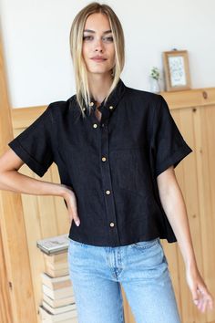 great boxy little wear to work - wear to errands - wear with boxy shorts - packs into nothing for the trips - so soft one can't believe it. Washed Linen Button front shirt Hand wash, line dry Made in Rajasthan, India Bust 45" + Center Back Length 22.5” Top is one size Black Boxy Shirt Outfit, Everyday Relaxed Fit Short Sleeve Button-up Shirt, Black Relaxed Fit Short Sleeve Cropped Shirt, Relaxed Fit Collared Cropped Shirt For Everyday, Black Relaxed Fit Cropped Shirt With Short Sleeves, Boxy Short Sleeve Cropped Shirt For Everyday, Everyday Collared Cropped Shirt, Casual Black Button-up Cropped Shirt, Versatile Everyday Tops With Pockets