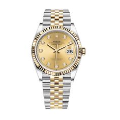 Certified Pre-Owned Rolex Diamond Accent Oyster Perpetual Datejust with 36X36 MM Champagne Round Dial Steel & 18K Yellow Gold Jubilee; With Hidden Buckle Rolex Diamond, Oyster Perpetual Datejust, Crystal Watches, Womens Watches Luxury, Rolex Watch, Pre Owned Rolex, Oyster Perpetual, Two Tone Watch, Rolex Datejust