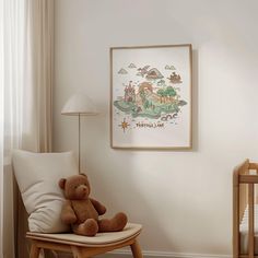 a teddy bear sitting on a chair in front of a baby crib with a poster hanging above it