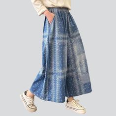 Take a stylish leap back to the Y2K era with our mesmerizing 2023 Summer Collection Ornament Print Culottes Denim Pants! This high-waisted. vibrant masterpiece is the perfect tribute to the millennium's iconic fashion sense. blending today's fashion ethos with a timeless Y2K vibe.Why You'll Fall In Love: Painted Prints: Adorned with intricately painted prints. these culottes are an ode to modern artistry. adding a touch of allure to your look. Rich and Radiant Color: The perfect balance between Indigo Jeans With Pockets For Spring, Indigo Baggy Wide Leg Bottoms, Trendy Indigo Bottoms With Pockets, Indigo Baggy Bottoms For Spring, Blue Jeans With Loose Fit For Spring, Blue Jeans With Loosely Fitted Hips For Spring, Spring Blue Baggy Cropped Jeans, Spring Baggy Blue Cropped Jeans, Bohemian Style Relaxed Fit Denim Blue Pants