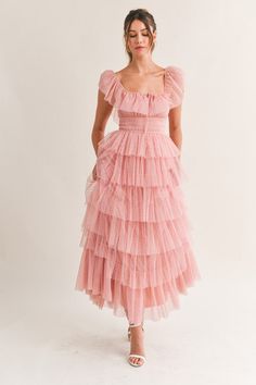 Swiss Dot Mesh Tulle Maxi Dress Sleeveless Ruffle Shoulder Detail Lined Tulle And Sequin Dress, Ruffled Tulle Dress, Tiered Chiffon Dress, Pink Ruffle Maxi Dress, Blush Pink Wedding Guest Dress, Floral Tiered Maxi Dress, Tulle Wedding Guest Dress, Pink Garden Party Dress, Wildflower Bridesmaids