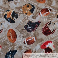 the fabric has many different sports related items on it, including baseballs and mitts