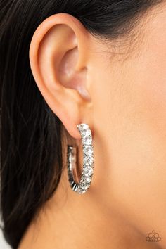 An oversized collection of glittery white rhinestones are encrusted along a textured silver hoop, creating a glamorous sparkle. Earring attaches to a standard post fitting. Hoop measures approximately 1 1/2" in diameter. Sold as one pair of hoop earrings. P5HO-WTXX-069XX White Hoop Earrings, Jewelry Catalog, Paparazzi Accessories, White Rhinestone, White Earrings, Paparazzi Jewelry, Pink Rhinestones, Blue Rhinestones, Boutique Jewelry