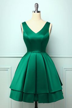 Homecoming Dresses Green Short, Green A-line Mini Dress For Wedding, Green A-line Mini Dress For Prom Season, Green A-line Mini Dress For Prom, Green Satin A-line Dress, Satin V-neck Homecoming Dress, Elegant Green A-line Satin Dress, Green Evening Dress With Fitted Bodice And Sweetheart Neckline, Green V-neck Bridesmaid Evening Dress