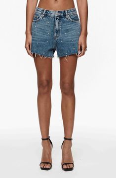 Glittering rhinestones lend a cool retro-inspired vibe to these laid-back cutoff shorts made from nonstretch denim with frayed hems. 3 1/2" inseam; 27" leg opening; 11" front rise; 14" back rise (size 29) Zip fly with button closure Five-pocket style 100% cotton Machine wash, dry flat Imported Asian Owned/Founded Casual Jean Shorts With Rhinestone Fringe For Summer, Casual Cutoff Bottoms With Rhinestone Fringe, Denim Shorts With Rhinestones For Summer, Summer Denim Shorts With Rhinestones, Denim Cutoff Jean Shorts With Rhinestone Fringe, Spring Cutoff Jean Shorts With Rhinestone Fringe, Cutoff Jean Shorts With Rhinestones For Summer, Cutoff Denim Jean Shorts With Rhinestone Fringe, Summer Cutoff Jean Shorts With Rhinestones