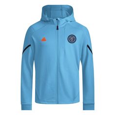 Elevate your collection of New York City FC gear with this Anthem Travel jacket from adidas. It features a patch of your favorite team's crest and a convenient zipper pocket on the left chest. Plus, raglan sleeves and a midweight build make this a perfect choice to display your New York City FC fandom while active or when facing moderate conditions. Machine wash, tumble dry low Officially licensed Hooded Full Zip Rib knit cuffs Embroidered fabric applique Material: 92% Recycled Polyester/8% Elas Adidas Blue Outerwear With Three Stripes, Adidas Blue Outerwear With Three Stripes Branding, Blue Sports Track Jacket With Zipper Closure, Adidas Sportswear For Sports Events, Sporty Team Logo Outerwear For Sports, Sporty Outerwear With Team Logo For Sports, Functional Adidas Outerwear For Sports Events, Adidas Blue Track Jacket With Three Stripes, Blue Adidas Logo Winter Outerwear