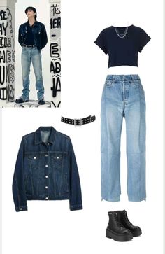 Cute Outfits With Jean Jackets, Jungkook Outfit Inspired, Jungkook Inspired Outfits, Jungkook Outfits, Wallpaper Lyrics, Jean Jacket Outfits, Cute Outfits With Jeans, Bts Inspired Outfits, Bts Wallpaper Lyrics