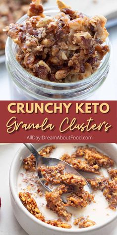 granola clusters in a glass bowl with spoons