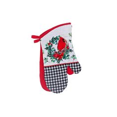 the oven mitt is decorated with red and black gingham, holly leaves and a cardinal on it