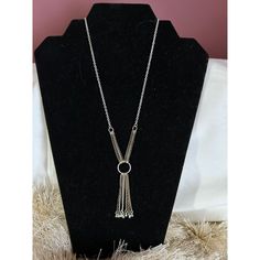 Lovely vintage SAQ signed silvertone necklace with fringe design Adjustable length Metal Lariat Tassel Necklace With Adjustable Chain, Adjustable Metal Lariat Tassel Necklace, Silver Bohemian Lariat Tassel Necklace, Silver Chain Metal Lariat Necklace, Silver Metal Tassel Necklace With Adjustable Chain, Long Metal Tassel Necklace With Chain, Silver Tassel Necklace With Adjustable Chain, Adjustable Silver Dangle Chain Necklace, Metal Long Tassel Necklace