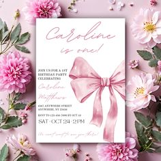 a pink bow is on the front of a birthday party card with flowers around it