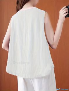 Orcajump - Embroidered Sleeveless Tang Suit, Vintage Crew Neck Hem Arc Tang Suit, Women's Clothing Cotton Sleeveless Tops, Non-stretch Cotton Sleeveless Tank Top, White Sleeveless Cotton Vest, Vintage Crew Neck, Suit Vintage, Tang Suit, Suit Women, Vintage Material, Flower Skull