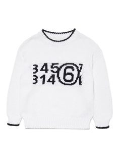 white cotton blend intarsia-knit logo crew neck drop shoulder long sleeves straight hem ribbed cuffs and hem White Knit Sweatshirt For Streetwear, White Crew Neck Knit Sweater, White Knit Crew Neck Sweater, White Logo Print Sweater For Fall, White Graphic Print Sweater For Winter, White Crew Sweatshirt, White Relaxed Fit Sweater With Ribbed Collar, White Knit Sweatshirt For Spring, White Letter Print Sweater For Spring