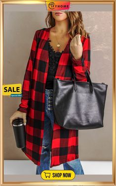 Red Plaid Print Long Cardigan Casual Plaid V-neck Outerwear, Plaid V-neck Outerwear For Fall, V-neck Plaid Outerwear For Winter, Red V-neck Casual Outerwear, Red Cardigan For Spring Day Out, Red Long Sleeve Cardigan For Day Out, Red Long Sleeve Outerwear For Day Out, Chic Red Cardigan For Fall, Red Open Front Cardigan For Fall