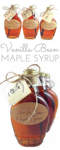 three jars of maple syrup with labels on them and the words vanilla bean maple syrup