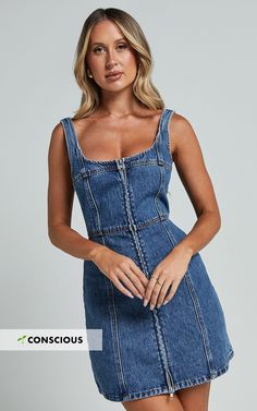 Chrysoula Mini Dress - Square Neck Zip Front Sleeveless Bodycon Denim in Mid Blue Wash | Showpo USA Denim Blue Dresses With Zipper Closure, Trendy Fitted Mini Dress With Zipper Closure, Fitted Bodycon Dress With Zipper Closure For Summer, Fitted Mini Length Denim Dress With Zipper, Fitted Mini Denim Dress With Zipper Closure, Fitted Denim Mini Dress With Zipper Closure, Fitted Denim Dress With Zipper Closure, Mini Length, Fitted Denim Dress With Zipper For Summer, Fitted Trendy Denim Dress With Zipper Closure