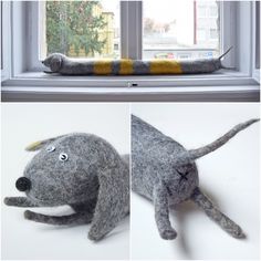 there is a stuffed animal that looks like a dog laying on the window sill