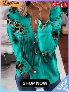 Women's Stitching Tassels Leopard Printed V-neck Long Sleeve Top Fringe V-neck Top For Fall, Casual V-neck Blouse With Tassels, Casual V-neck Top With Fringe, V-neck Fringe Top For Fall, Green Spring Tops With Tassels, Spring Green Tops With Tassels, Casual Green Tops With Tassels, Fall V-neck Blouse With Tassels, Fall Tassel V-neck Blouse