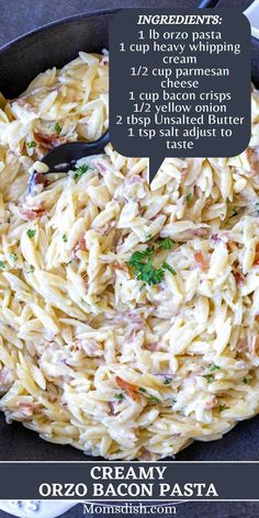 the recipe for creamy orzo bacon pasta in a skillet