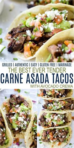 the best ever tender carne asada tacos with avocado crema