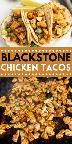 black stone chicken tacos on a white plate