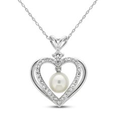 This beautiful necklace for her features a double heart pendant set in sterling silver. The inner heart is traced in sparkling white lab-created sapphires, and a classic freshwater cultured pearl sits at the pendant's center. The pendant sways from an 18-inch cable chain and secures with a lobster clasp. Elegant Formal Heart Necklace With Birthstone, Elegant White Gold Heart Necklace With Birthstone, Elegant Double Heart Birthstone Jewelry, White Cubic Zirconia Open Heart Jewelry, Elegant White Open Heart Necklace, Elegant White Double Heart Necklace, Elegant White Double Heart Jewelry, White Heart Necklace With Pearl Charm For Anniversary, Elegant Silver Heart-shaped Pearl Necklace