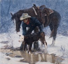 a painting of two horses and a man with a dog in the snow next to a horse