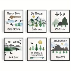 four framed pictures with the words be brave, adventure, be wild, be strong and courageous