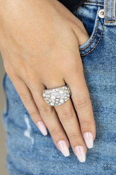 An explosion of dainty white rhinestones and bubbly white pearls are encrusted across the front of a thick silver band, creating a glamorous centerpiece atop the finger. Features a stretchy band for a flexible fit. Gatsby Girl, White Pearl Ring, Stretch Ring, Rhinestone Ring, Paparazzi Accessories, Rings For Girls, White Rhinestone, Paparazzi Jewelry, Silver Accents