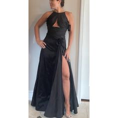 Style 159192 New With Tags B6 Black A-line Gown For Formal Occasions, Black Silk A-line Maxi Dress, Black A-line Evening Dress For Gala, Black Fitted A-line Gown, Black Satin Evening Dress For Prom, Fitted Black A-line Gown, Black Satin Gown For Prom Season, Black Satin Prom Gown, Black Silk Full Length Dress