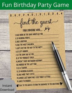 a printable birthday party game with a pen next to it