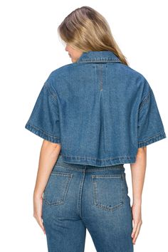 39% Cotton, 38% Polyester, 19% Rayon, 2% Nylon, 2% Other Fibers Feature: This short-sleeve crop denim jacket features pleat detail at the back, a chest patch pocket, and front button closure. Its cropped length makes it a perfect choice for daily wear, weekend trips, date nights, and more. Explore more cool California vibes in our CALI1850 Collection. Versatile Style: Pair this with a crop tee, straight-leg jeans, wide-leg jeans, shorts, skirts, and sneakers for a casual, sporty look every day, Cropped Denim Blue Denim Jacket For Summer, Summer Cropped Denim Blue Jacket, Cropped Denim Blue Jacket For Summer, Cropped Denim Jacket For Summer, Spring Denim Short Sleeve Top, Medium Wash Short Sleeve Denim Jacket For Summer, Medium Wash Short Sleeve Denim Top For Spring, Short Sleeve Medium Wash Denim Jacket, Fitted Denim Jacket With Short Sleeves In Denim Blue