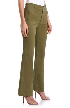 Twin patch pockets lend workwear-inspired style to kicky flared pants cut from stretch-kissed cotton for all-day comfort. 31 1/2" inseam; 21" leg opening; 14 1/2" front rise; 16" back rise Zip fly with button closure Front patch pockets; back patch pockets 97% cotton, 3% spandex Machine wash, tumble dry Imported Fall Wide Leg Flare Jeans With Side Pockets, Fall Utility Flare Jeans, Full-length Cotton Flare Jeans, Full Length Cotton Flare Jeans With Pockets, Cropped Leg Flare Jeans With Pockets For Work, Fall Cotton Flare Jeans With Pockets, Stretch Cotton Flares For Fall, Fall Cotton Wide Leg Pants With Patch Pockets, Wide Leg Flare Jeans With Patch Pockets For Fall