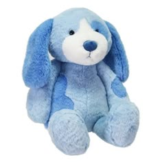 a blue and white stuffed dog sitting up against a white background