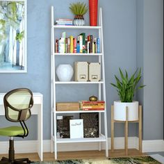 a room with a book shelf, desk and chair