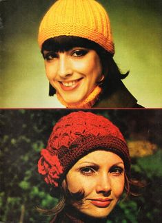 two women wearing knitted hats and scarves, one in yellow and the other in red