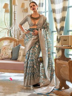 Bollywood Sarees Online, Kalki Koechlin, Trendy Saree, Handloom Weaving, Tissue Saree, Blue Saree, Trendy Sarees, Madurai, Mysore