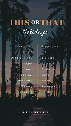 this or that holidays poster with palm trees and sunset in the background, which includes dates for each holiday