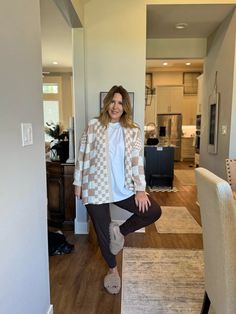 CLICK THE PHOTO TO SHOP! || Fall fashion, fall outfit ideas, fall fashion 2024, fall outfits, cute fall outfits, fall outfits 2024, fashion blog, style blog, Checkered cardigan, leggings, white tshirt, Ugg slides, watch band, checkered ring Checkered Cardigan, Ugg Slides, Comfy Outfit